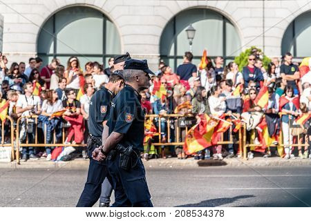 Madrid Spain - October 12 2017: Police in the army parade for the National Day of Spain. Several troops take part in the army parade for Spain's National Day.