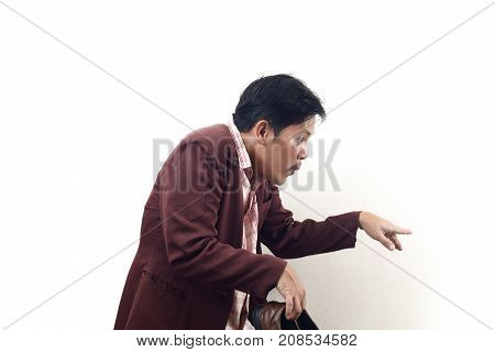 Crazy Businessman Holding Shoes And Try To Sneak Back In, Do Not Get Me Wrong Isolate On White Backg