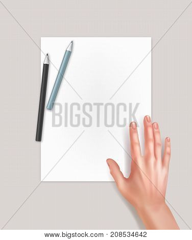 Vector human hand over clean sheet of paper with pencils and space for text isolated on background