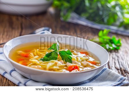 Chicken Broth. Bone Broth With Noodles Carrot And Parsley In White Bowl