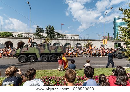 Madrid Spain - October 12 2017: Tank in Spanish National Day Army Parade. Several troops take part in the army parade for Spain's National Day.