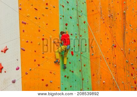 The Active Young Man On Rock Wall In Sport Center