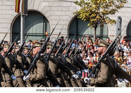 Madrid Spain - October 12 2017: Soldiers marching in Spanish National Day Army Parade. Several troops take part in the army parade for Spain's National Day