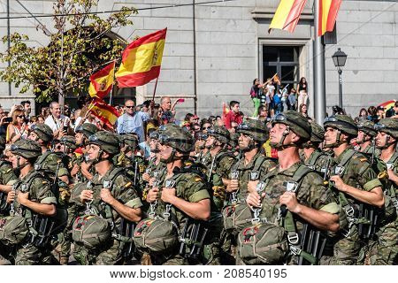 Madrid Spain - October 12 2017: Paratroopers marching in Spanish National Day Army Parade. Several troops take part in the army parade for Spain's National Day.