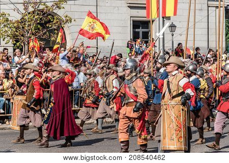 Madrid Spain - October 12 2017: Soldiers of old Spanish Tercios in traditional costume marching in Spanish National Day Army Parade.