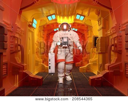 Astronaut walking on glass corridor.