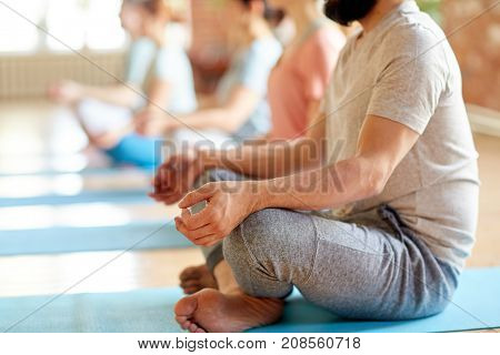 fitness, yoga and healthy lifestyle concept - group of people meditating in lotus pose at studio