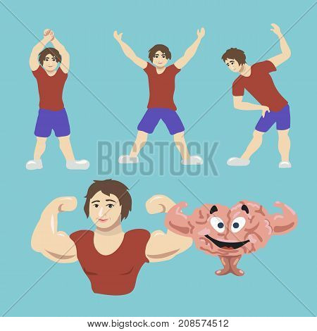 Train your brain. Young man workout for brain fitness. Motivation, health, thoughtful, mindfulness concept illustration vector.