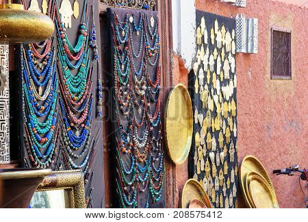 Morocco souvenirs on the market in medina. Marrakech. Morocco