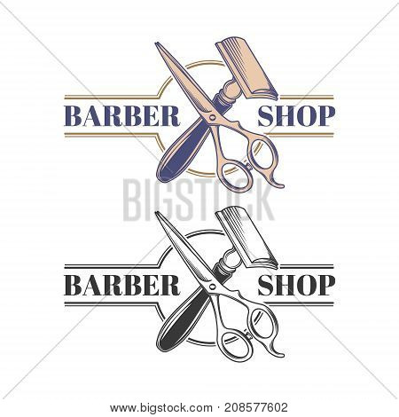 Colored and monochrome hairdressers scisors and safety razor engraved vector isolated on white background. Hairdressing and shaving tool or equipment illustration for barber shop emblem in retro style