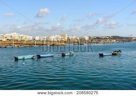 Blue Wooden Boats On Bou Regreg River. Rabat. Morocco