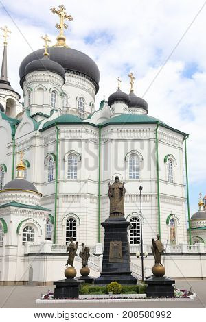 Big Annunciation Cathedral (Orthodox Church) and monument to Saint Mitrofan in Voronezh, Russia