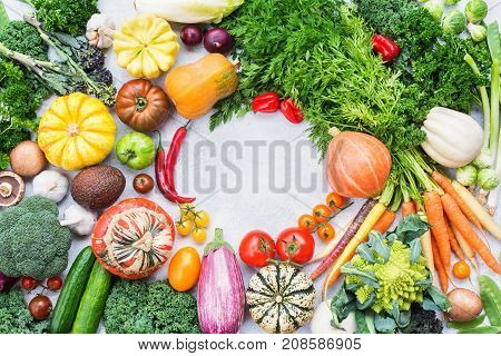 Rainbow colored frame made of organic vegetables and herbs on light grey stone background, copy space for text in the middle, top view, selective focus