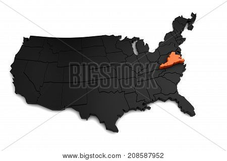 United States of America, 3d black map, with North Caroliana state highlighted in orange. 3d render