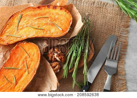 Cooked sweet potato on table