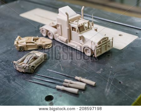 Wooden truck made on a special car for cutting out of wood