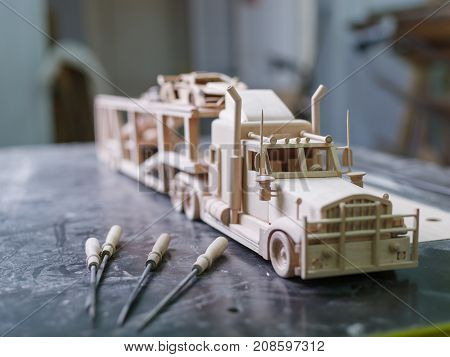 Wooden truck made on a special car for cutting out of wood