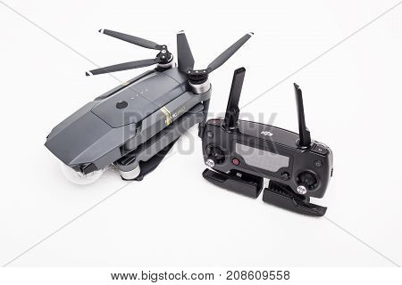 DJI Mavic Pro drone: ISRAEL, OCTOBER 2, 2017. Closeup, on white background. One of the most portable drones in the market, with 4k ultra hd.