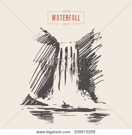 Vintage illustration of beautiful waterfall, hand drawn