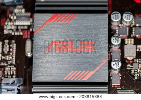 HANNOVER / GERMANY - OCTOBER 12 2017:Asus heatsink on an asus prime 350 plus mainboard