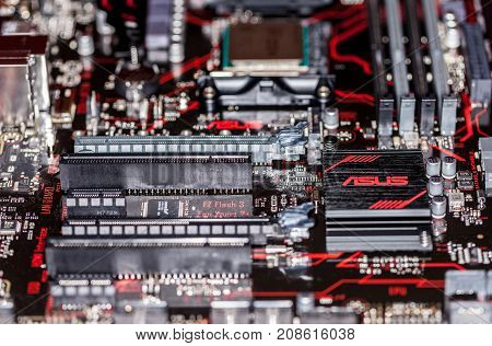 HANNOVER / GERMANY - OCTOBER 12 2017:Asus heatsink on an asus prime 350 plus mainboard