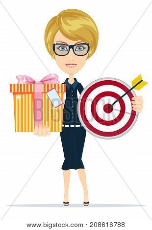 My congratulations. Cheerful well-dressed young woman in glasses holding gift box and target with smile. Stock flat vector illustration.