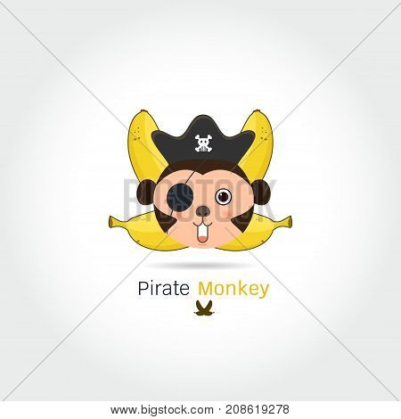 Monkey and bananas logo. Monkey head and crossed bananas.pirate monkey cartoon T-shirt design for kids on white background vector illustration