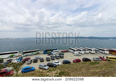 NESEBAR BULGARIA - AUGUST 21 2017: View of the Northern harbor and parking. Nesebar is an ancient city and one of the major seaside resorts on the Bulgarian Black Sea Coast.