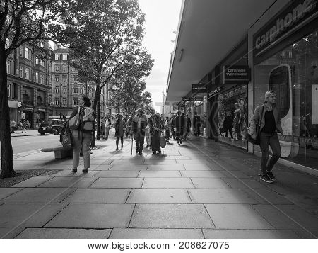 People In Oxford Street In London Black And White