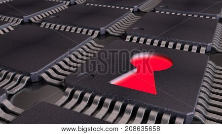 Grid of connected CPUS and a glowing red keyhole backdoor cybersecurity of internet of things concept 3D illustration