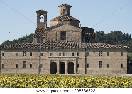 Urbania (Montefeltro Pesaro Urbino Marches Italy). Historic farm and field of sunflowers
