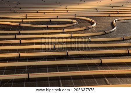 Construction of house. Tubing are elements of radiant floor heating system