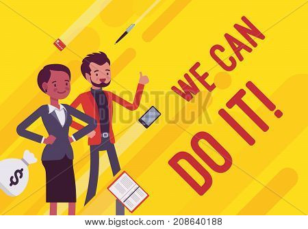 We can do it. Business motivation poster. Young office workers, entrepreneur encourages staff to give their best. Vector flat style cartoon illustration on yellow background