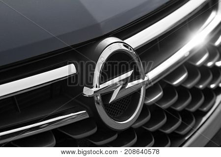 Zamosc Poland. 4 October 2017: Closeup of the Opel logo on a the front of the car. Opel is a German automobile manufacturer a subsidiary of the French automobile manufacturer Groupe PSA