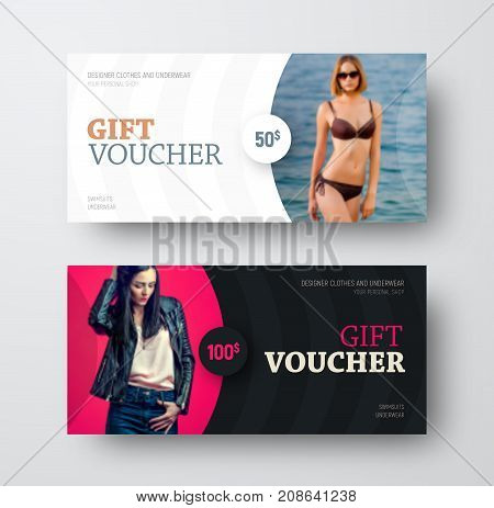 Vector gift voucher design with a semicircle for a photo. Universal flyer template for discounts sales and advertising of fashion clothing swimwear or underwear.
