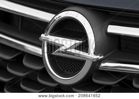 Zamosc Poland. 4 October 2017: Closeup of the Opel logo on a the front of the car. Opel is a German automobile manufacturer a subsidiary of the French automobile manufacturer Groupe PSA