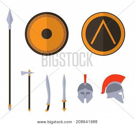 Set of ancient greek spartan weapon and protective equipment. Spear sword gladius shield axe helmet. Warrior outfit Vector illustration