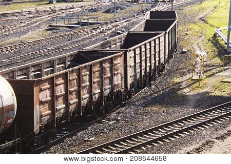 Many different of empty wagons. Railway transport