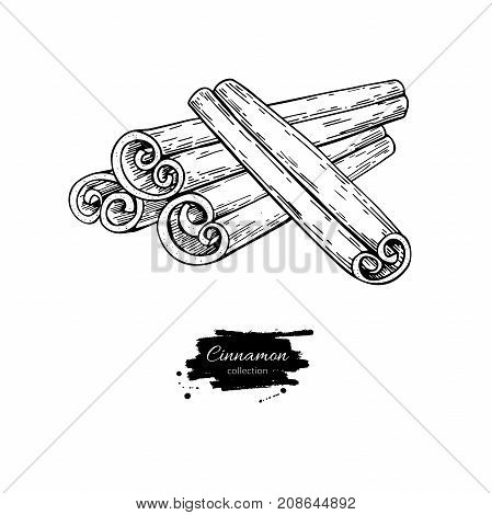 Cinnamon stick vector drawing. Hand drawn sketch. Seasonal food illustration isolated on white. Engraved style spice and flavor object. Cooking and aromaterapy ingredient.