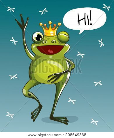 Vector illustration of cute cartoon hapy fun frog prince. Greeting card postcard. Hello.