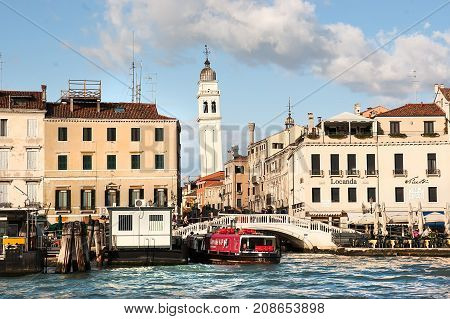 Venice Italy - October 29 2009: Rio dei Greci canal and Ponte della Pieta bridge as seen from the lagoon. The city has attracted a lot of tourists in this month of the year.