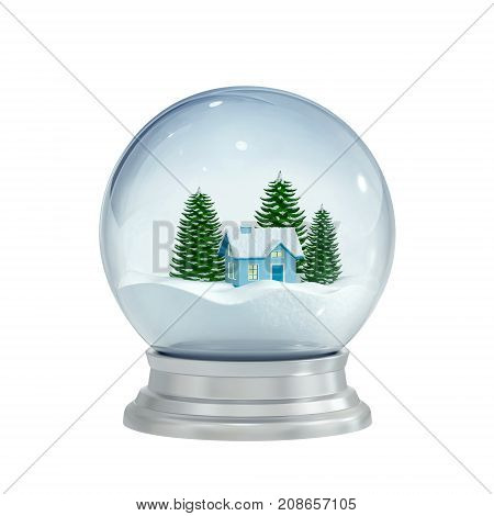 Christmas snow globe isolated on white. 3D rendering with clipping path