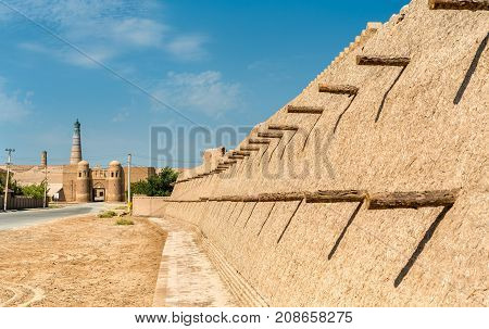 City walls of the ancient city of Ichan Kala in Khiva, a UNESCO heritage site in Uzbekistan