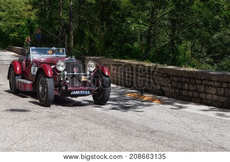 GOLA DEL FURLO, ITALY - MERCEDES-BENZ 710 SSK 1929 1 on an old racing car in rally Mille Miglia 2017 the famous italian historical race (1927-1957) on May 19 2017