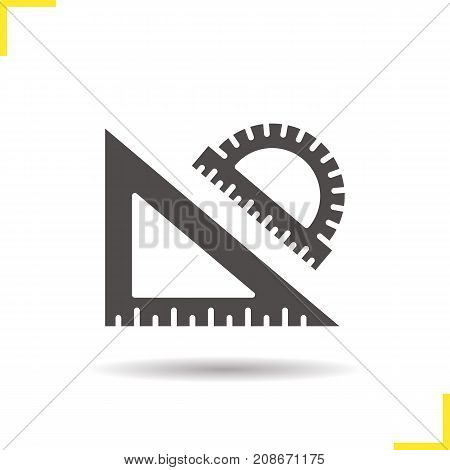 School rulers glyph icon. Drop shadow silhouette symbol. Protractor and transparent. Negative space. Vector isolated illustration