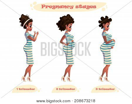 illustration of black pregnant woman. Young african-american pregnant woman smiling and looking at the belly with hands on stomach. Vector flat design illustration isolated on white background.