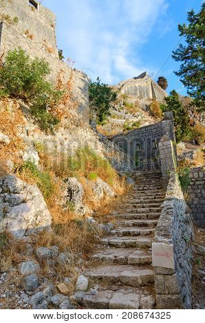 Ruins of ancient fortress of St. John (Illyrian fort) above city of Kotor Montenegro