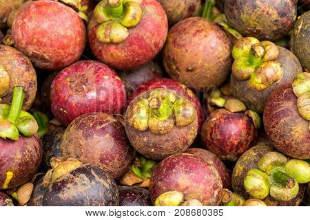 Fresh mangosteen in the basket on Thai market.