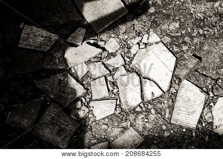 Broken cracked light blue tile wall texture background. Vintage effect.