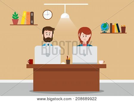 Business man and business woman working together in office. Teamwork concept. Vector stock.